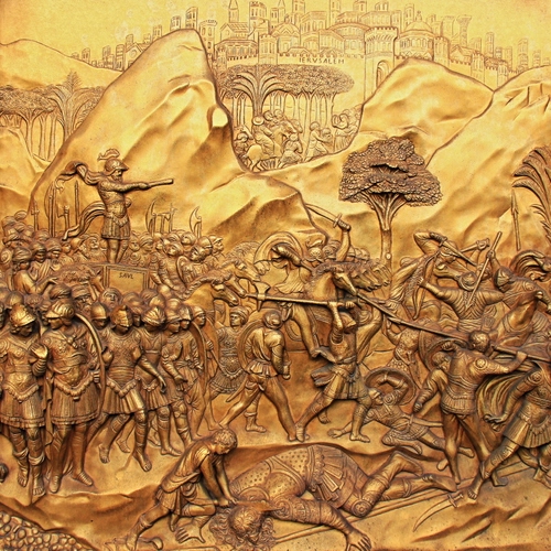 Immagine con battaglia, soldati, oro, guerra, città, bassorilievo, alberi, bronzo, armi, lance, arte, incisione, morti, spade, comandante, scudi, albero, rame, scena