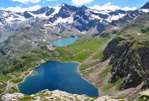 Immagine con laghi, neve, montagne, panorama, montagna, acqua, verde