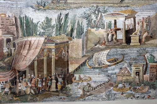 Immagine con colonne, dipinto, barche, persone, tenda, fiume, tempio, disegno, mosaico, affresco, quadro, soldati, murales, arte, vela, barca, pittura