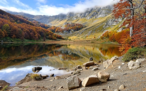 Immagine con lago, montagna, autunno, riflesso, alberi, acqua, riflessi, montagne, sassi, panorama