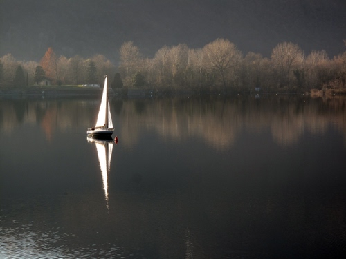 Immagine con vela, lago, barca, acqua, riflesso, alberi, bianco, riflessi