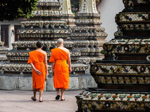 Immagine con due, monaci, arancione, colonne, tempio, tuniche, arancio, saio, uomini, persone, buddisti