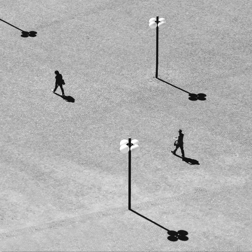 Immagine con ombre, lampioni, persone, bianconero, due, piazza