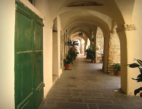 Immagine con vasi, porta, colonne, archi, verde, portico, piante, portici, portone