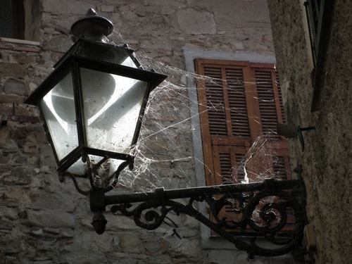 Immagine con lampione, ragnatela, finestra, muro, ferro, ragnatele, persiane, luce