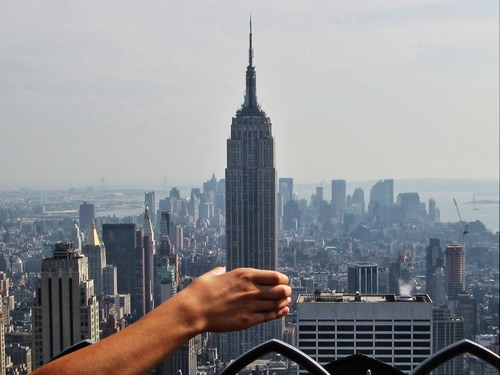 Immagine con mano, grattacieli, braccio, panorama, grattacielo, illusione, città, palazzi, america, antenna, fotomontaggio, torre