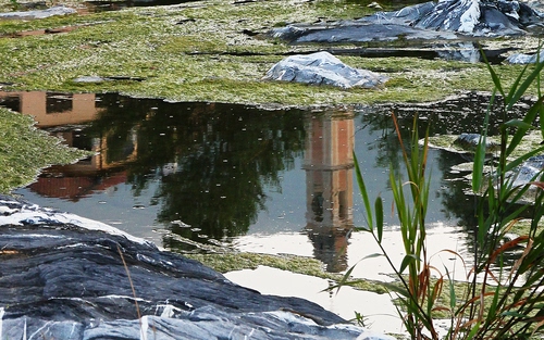 Immagine con campanile, acqua, riflesso, erba, pozzanghera, casa, albero, neve, riflessi