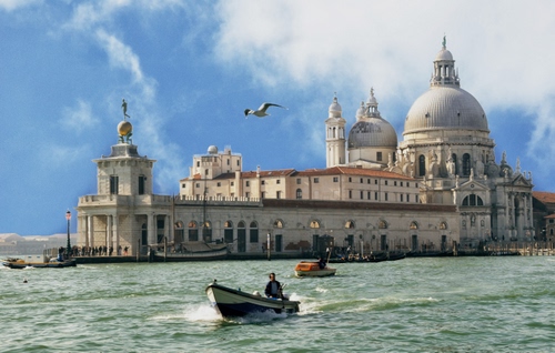 Immagine con gabbiano, chiesa, cupole, barca, barche, venezia, canale, mare, acqua, laguna