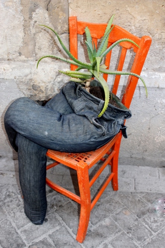 Immagine con sedia, jeans, pantaloni, pianta, arancione, arancio, grassa, muro