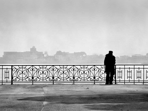 Immagine con ringhiera, nebbia, uomo, bianconero, fiume, panorama, parapetto, solitario, case, persona