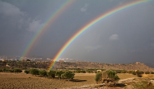 Immagine con arcobaleno, alberi, cielo, arcobaleni, panorama, due, nuvole, colori, campi, campagna, terra, paesaggio, case