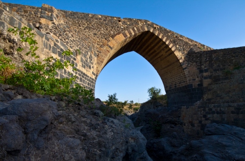 Immagine con ponte, cielo, arco, alberi, pietre, rocce, piante, massi, mattoni