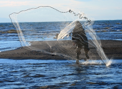 Immagine con mare, rete, pescatore, sabbia, acqua, cielo, pescare, spiaggia, uomo, lancio, reti, pesca