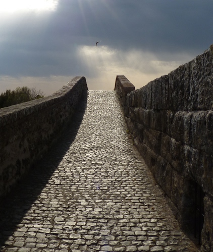 Immagine con ponte, nuvole, cielo, pietre, muri, salita, strada, uccello, porfido, spallette, prospettiva, raggi, selciato, luce
