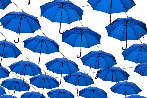 Immagine con ombrelli, blu, manici, appesi, fili, azzurro, parapioggia, bianco, cielo, aperti