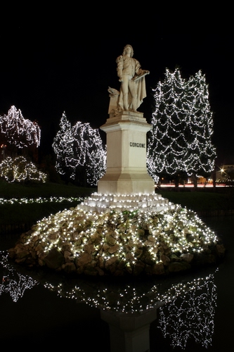 Immagine con luci, statua, monumento, alberi, riflesso, acqua, riflessi, notte, nero