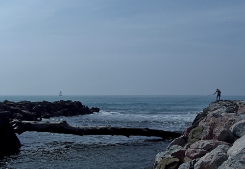 Immagine con scogli, mare, pescatore, onde, rocce, cielo, tronco, canna, orizzonte, acqua, scogliera