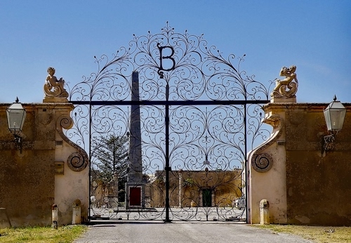 Immagine con cancello, lampioni, obelisco, statue, ferro, villa, cielo, lettera, muro, ingresso