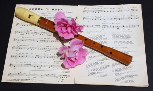 Immagine con flauto, fiori, spartito, rosa, musica, note, legno, strumento, canzone, pentagramma
