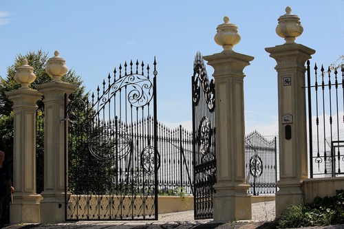 Immagine con cancello, vasi, pilastri, colonne, ferro, cielo, aperto, alberi