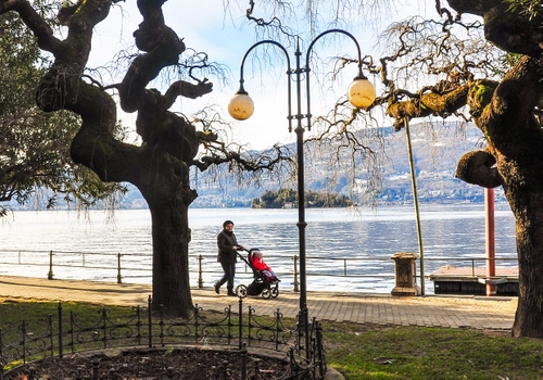 Immagine con lampione, lago, alberi, passeggino, acqua, albero, rami, carrozzina