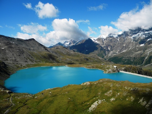 Immagine con lago, nuvole, montagna, acqua, montagne, azzurro, diga, verde, cielo, neve