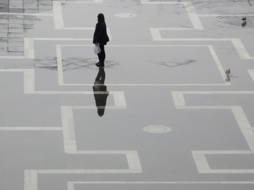 Immagine con piazza, donna, riflesso, pioggia, acqua, bianco, linee, piccioni, persona, geometrie, bianconero, passante, bagnato