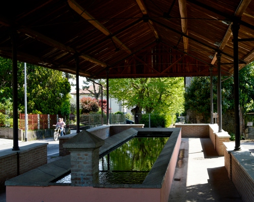 Immagine con acqua, lavatoio, alberi, riflesso, tettoia, fontana, legno