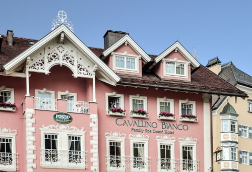 Immagine con finestre, abbaini, rosa, fiori, tetti, cielo, albergo, bianco, hotel, case, decorazioni, balconi, triangoli, insegne, insegna, scritte, vasi