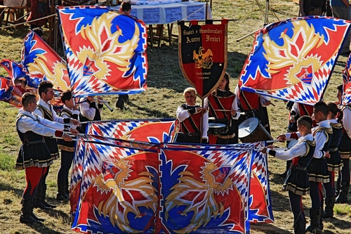 Immagine con bandiere, sbandieratori, tamburi, colori, stendardo, gonfalone, medioevo, vessillo, blu, rosso
