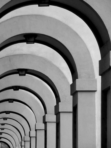 Immagine con archi, colonne, prospettiva, bianconero, portici, porticato, grigio, capitelli, curve, pilastri, portico, simmetria, ombre