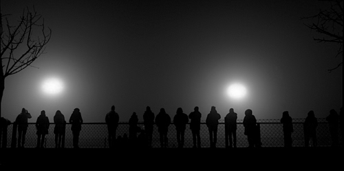 Immagine con persone, luci, albero, bianconero, nero, controluce, silhouette, rami, affaccio, sagome, parapetto, nebbia, tanti, notte, bianco, rete, fila, fari