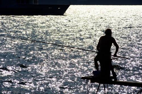 Immagine con pescatore, controluce, mare, acqua, canna, sagoma, silhouette, nero, luce, pesca, riflessi
