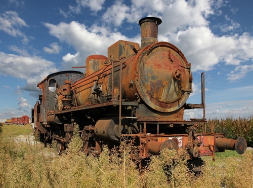 Immagine con ruggine, nuvole, locomotiva, cielo, treno, erba, ferro, respingenti, azzurro, camino, piante, verde, abbandono, rudere, campo, fumaiolo, vapore