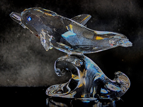 Immagine con delfino, vetro, onda, cristallo, nero, scultura, soprammobile, riflessi, colori, azzurro, trasparente, coda, occhio, pinne, muso