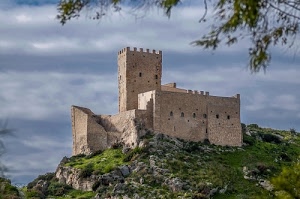 castello, cielo, verde, torre, nuvole, merli, rami, erba, rocca, finestre, fortezza, piante, foglie, rocce, mura, fronde, collina