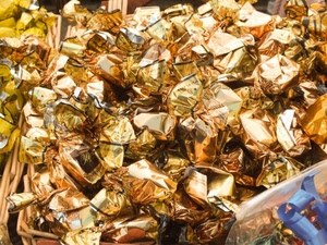 oro, cioccolatini, caramelle, carta, dolci, nastro, cestino, cioccolato, cibo, giallo, azzurro