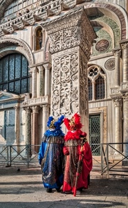 maschere, carnevale, blu, rosso, venezia, colonna, chiesa, due, costumi