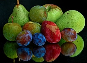 frutta, pere, mele, verde, prugne, rosso, susine, riflesso, nero, viola, riflessi, frutti, specchio