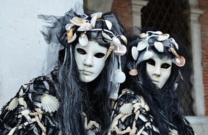 carnevale, maschere, conchiglie, bianco, nero, due, capelli