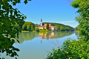 verde, lago, campanile, alberi, riflesso, acqua, chiesa, foglie, castello, piante