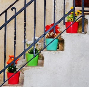 fiori, rosso, verde, ringhiera, vasi, azzurro, piante, scalini, bianco, muro, colori, scala, gradini, giallo, scale, ferro, celeste, quattro