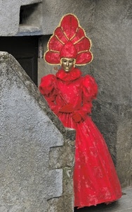 rosso, maschera, muro, carnevale, oro, cappello, costume, vestito