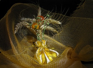 spighe, rete, pomodori, oro, giallo, grano, bouquet, fiocco, rosso, sacchetto