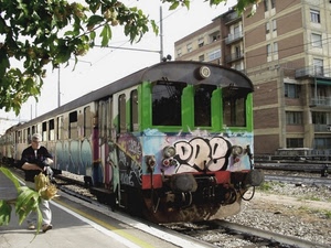 treno, binari, albero, uomo, verde, palazzo, binario, foglie, rami, passeggero, finestre, passante, vagoni, murales, stazione, scritte, case, persona, ferrovia