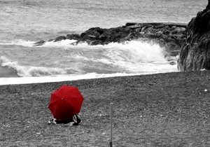 ombrello, mare, rosso, spiaggia, onde, scogli