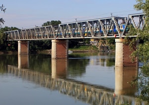 ponte, fiume, treno, riflesso, acqua, piloni, riflessi, ferro, ferrovia