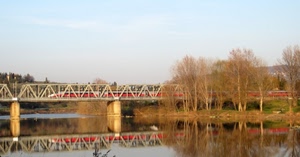 ponte, treno, fiume, alberi, riflesso, acqua, ferrovia