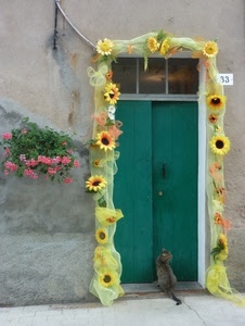 porta, fiori, gatto, verde, girasoli, gerani