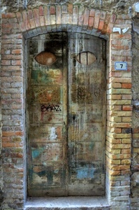 porta, mattoni, numero, legno, civico, sette, ingresso, arco, portone, occhi